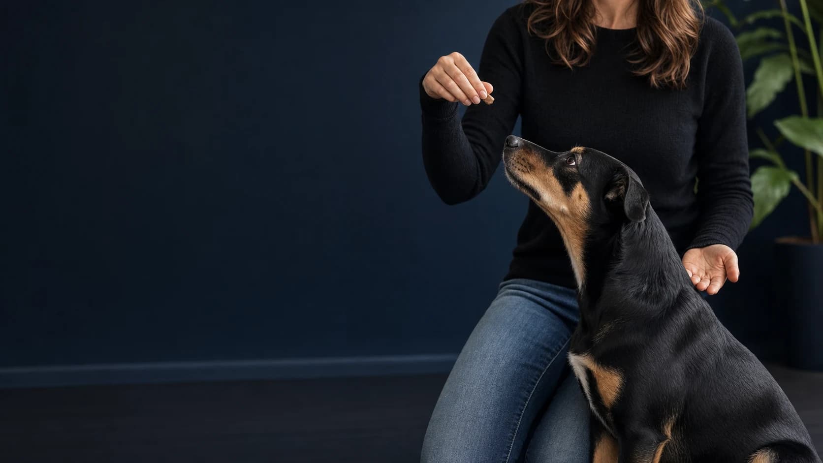 Educadora guiando con calma a un perro atento